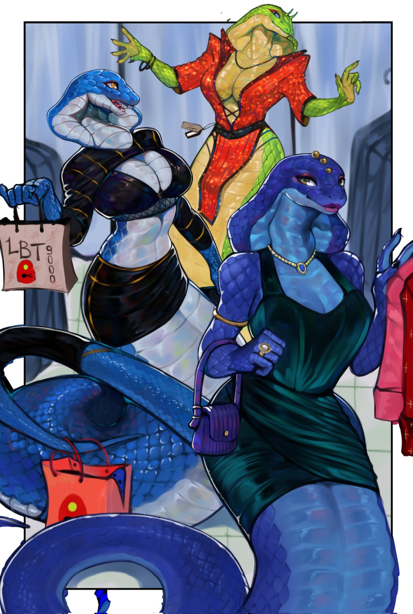 anthro apode big_breasts blue_body blue_scales bottomwear breasts cleavage clothed clothing draconcopode dress eyeshadow fangs female green_body green_scales group hi_res jewelry lbt9000 legless lipstick makeup midriff necklace purse reptile ring_(jewelry) scales scalie serpentine shopping shopping_bag skirt snake trio