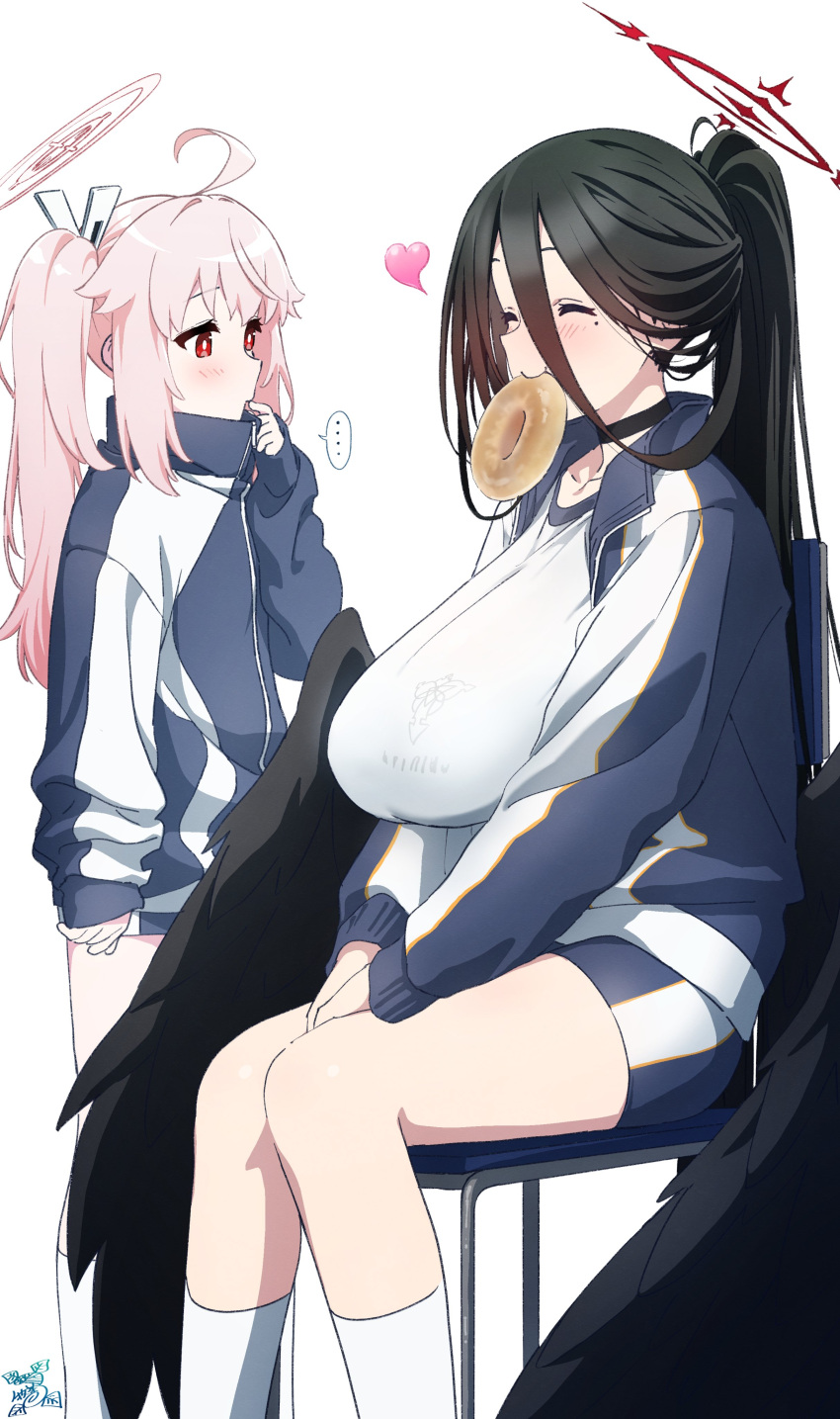... 2girls absurdres ahoge bird_wings black_hair blue_archive blush breasts chair closed_eyes doughnut food food_in_mouth halo hasumi_(blue_archive) hasumi_(gym_uniform)_(blue_archive) heart highres jacket large_breasts long_sleeves makicha_(sasurainopink) mole mole_under_eye multiple_girls natsu_(blue_archive) ponytail red_eyes shirt shorts simple_background sitting smile thought_bubble track_jacket white_background white_shirt wings