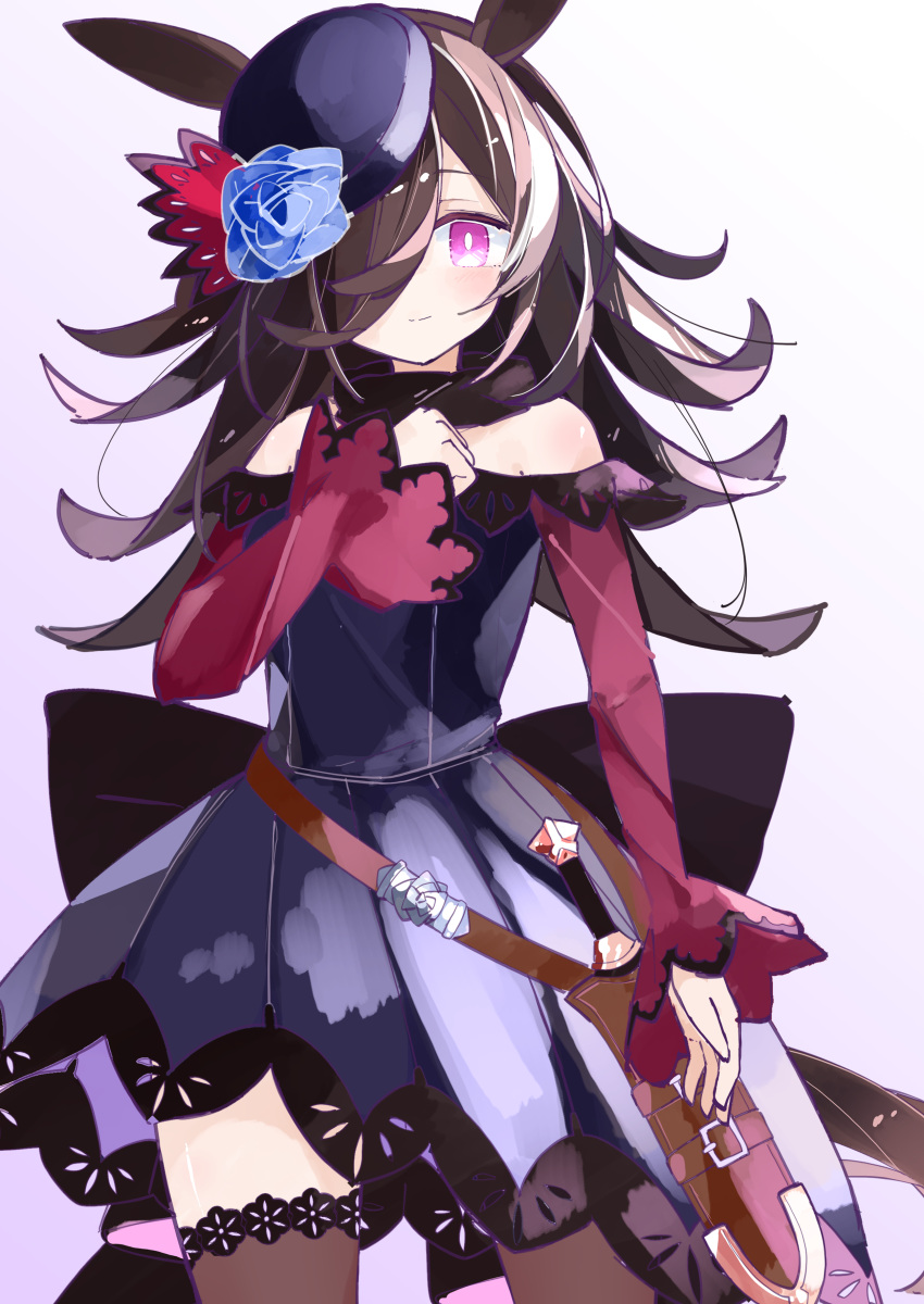 1girl absurdres animal_ears bangs black_choker black_pantyhose black_thighhighs blue_dress blue_flower blue_headwear blush bright_pupils brown_hair choker dress flower fur_choker hair_flower hair_ornament hair_over_one_eye highres horse_ears horse_girl long_hair looking_at_viewer off-shoulder_dress off_shoulder one_eye_covered pantyhose purple_background purple_eyes rice_shower_(umamusume) single_leg_pantyhose single_thighhigh sleeves_past_wrists smile solo thighhighs toriple umamusume white_pupils