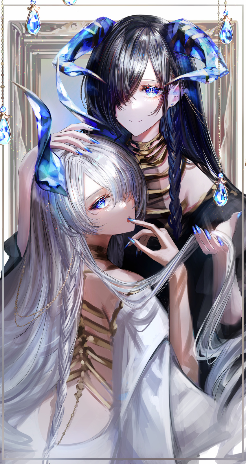 2girls absurdres akqne bangs black_hair blue_eyes blue_nails braid finger_to_mouth gem hair_lift hair_over_one_eye hand_on_another's_head highres horns long_hair looking_at_viewer multiple_girls open_mouth original side_braid smile white_hair