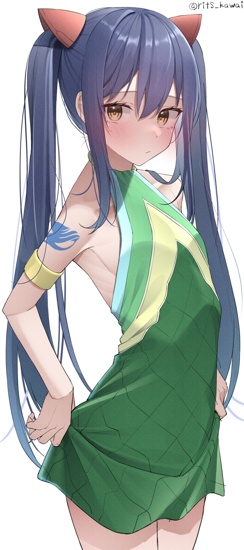 1girl absurdres arm_tattoo armband bare_shoulders blue_hair blush closed_mouth dress fairy_tail flat_chest green_dress hair_ornament half-closed_eyes highres kawai_ritsu_(rits_meg) looking_at_viewer simple_background sleeveless sleeveless_dress solo tattoo twintails twitter_username wendy_marvell white_background