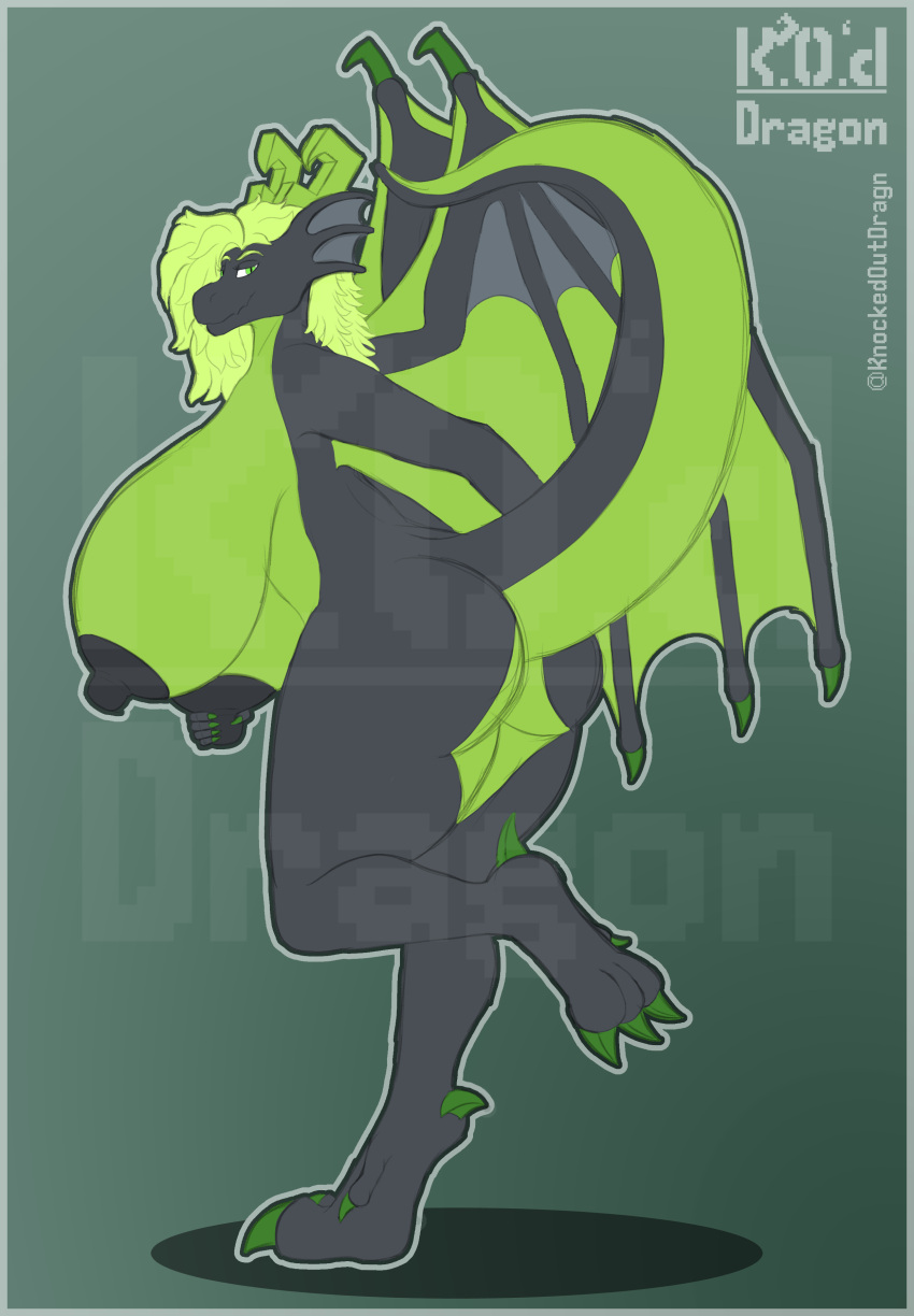 absurd_res anthro big_breasts big_butt big_nipples black_body black_nipples breasts butt curvy_figure digitigrade dragon female green_body green_breasts green_eyes green_hair green_scales hair hi_res huge_breasts kaya_(knockedoutdragon) knockedoutdragon looking_at_viewer looking_back membrane_(anatomy) membranous_wings nipple_grab nipples raised_leg rear_view scales scalie sketch solo standing thick_tail thick_thighs western_dragon wings