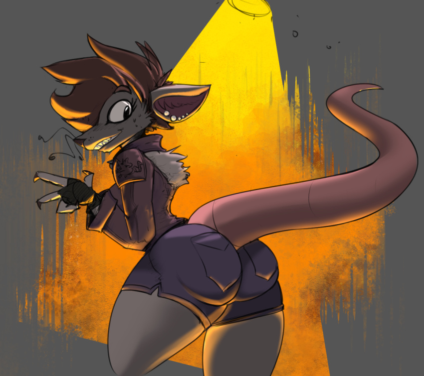 anthro bottomwear brown_hair butt clothed clothing ear_piercing female fingerless_gloves fully_clothed gloves hair handwear jacket looking_back mammal murid murine piercing rat rear_view rodent shorts solo teeth tgwonder topwear whiskers