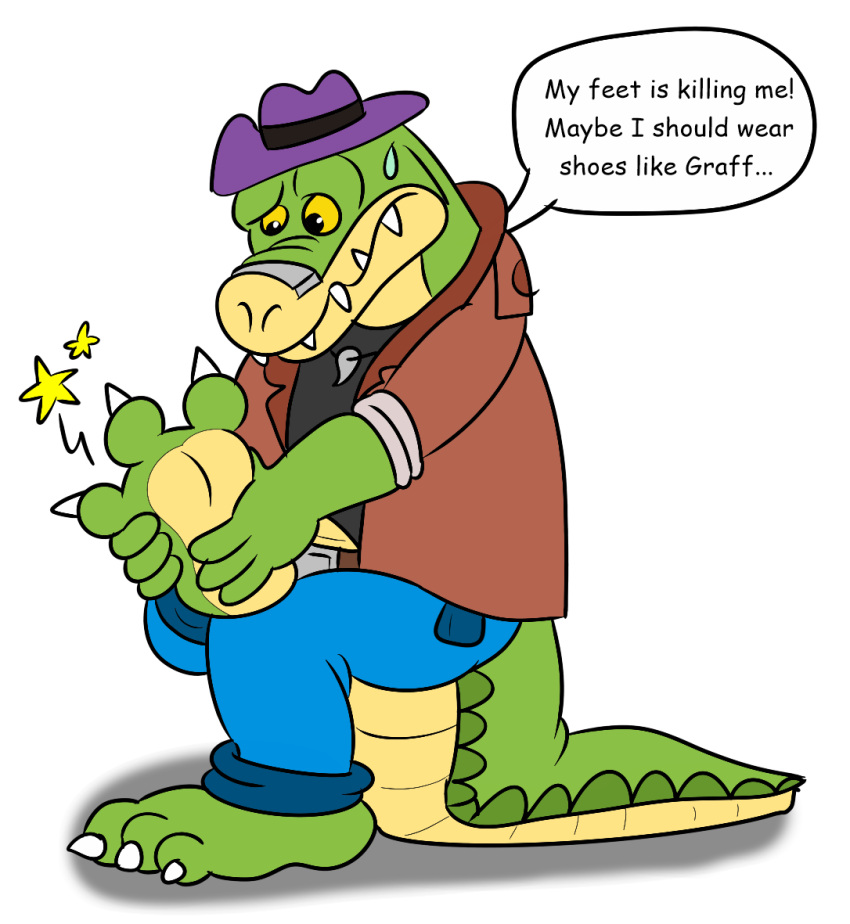 2022 3_toes alligator alligatorid anthro bottomwear brok_(character) brok_the_investigator clothing crocodilian dialogue english_text feet green_body hat headgear headwear jolly_the_lizard jollyville pants reptile scalie shirt solo text toes topwear video_games