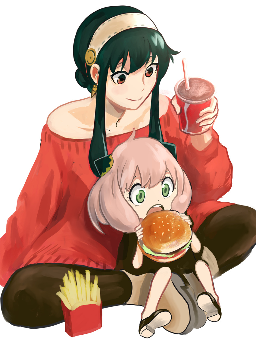2girls absurdres anya_(spy_x_family) bangs bare_shoulders black_hair burger closed_mouth cup disposable_cup earrings eating food french_fries green_eyes hair_bun hairband hairpods highres jewelry meke_(77842928) mother_and_daughter multiple_girls off-shoulder_sweater off_shoulder open_mouth pink_hair red_eyes sidelocks simple_background single_hair_bun sitting smile soda spy_x_family sweater white_background yor_briar