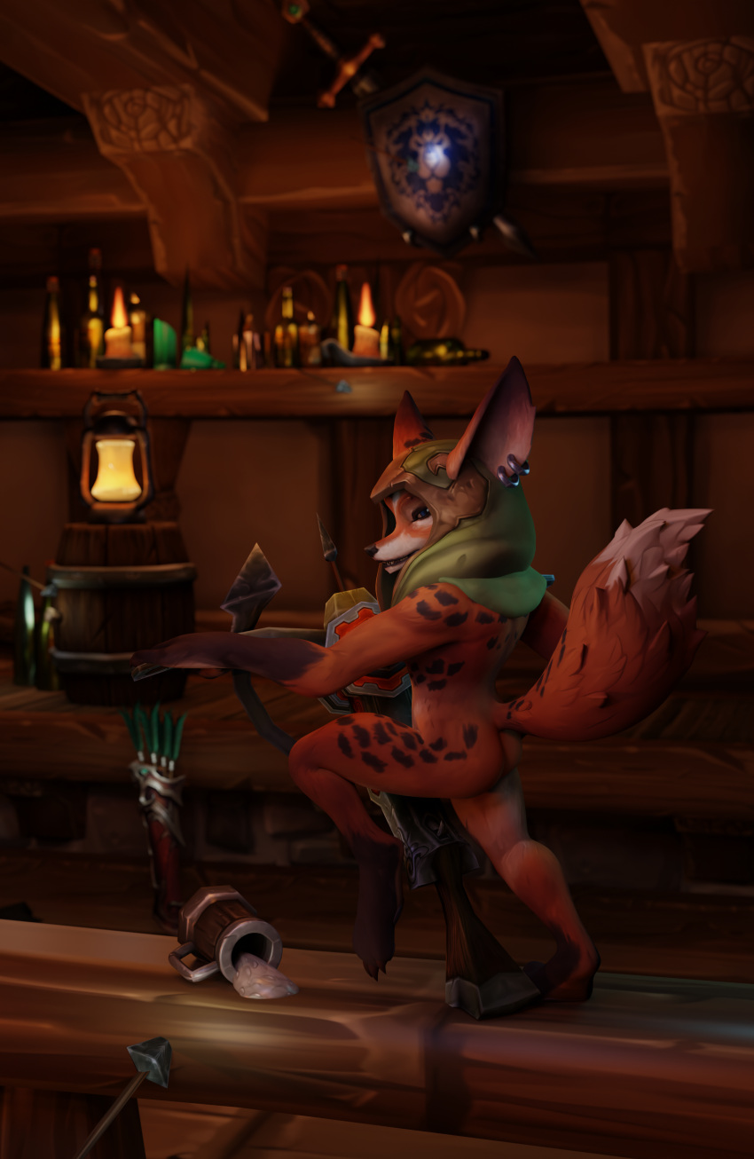 2022 3d_(artwork) 4_toes absurd_res alcohol anthro barefoot beverage blender_(software) blizzard_entertainment butt canid canine clothed clothing crossbow crossbow_bolt digital_drawing_(artwork) digital_media_(artwork) feet female fennec fluffy fluffy_tail fox fur green_clothing green_headwear green_hood headgear headwear hi_res holding_object holding_weapon khari_ensha kuraga looking_at_viewer mammal nude partially_clothed ranged_weapon smile solo tavern toes video_games vulpera warcraft weapon