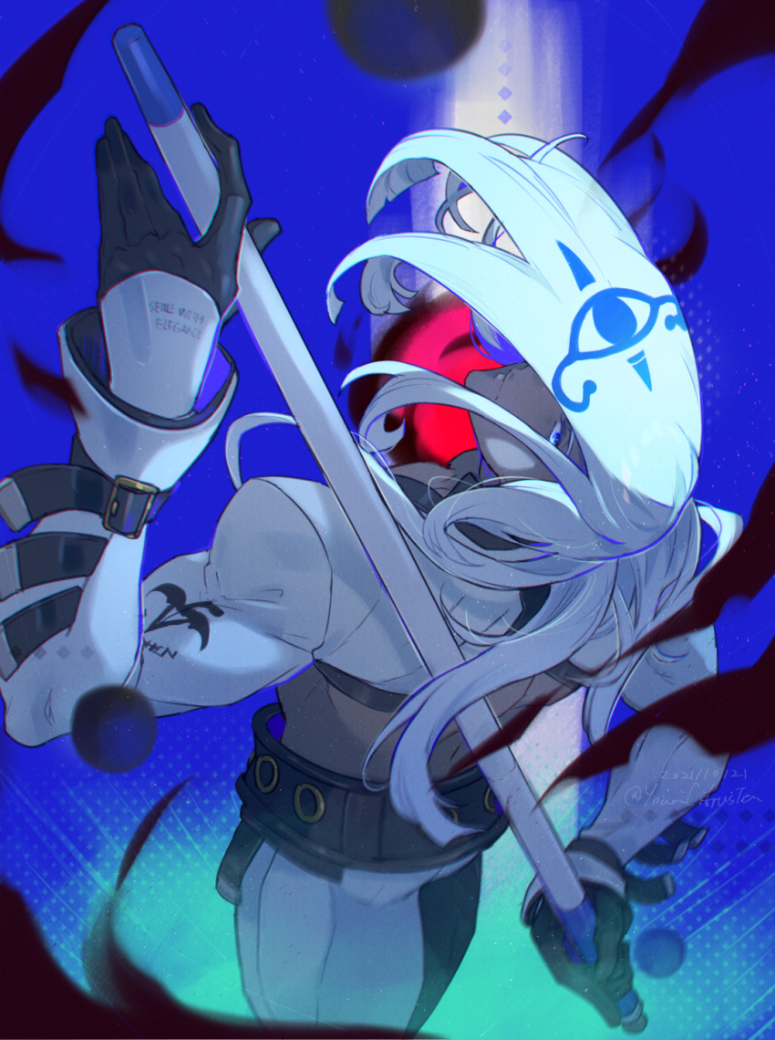 1boy back belt black_gloves blue_eyes clothes_writing cue_stick dark-skinned_male dark_skin dated english_text gloves guilty_gear hair_over_eyes highres holding holding_cue_stick long_hair looking_at_viewer looking_back navel pectorals solo twitter_username venom_(guilty_gear) white_hair youmicitrustea