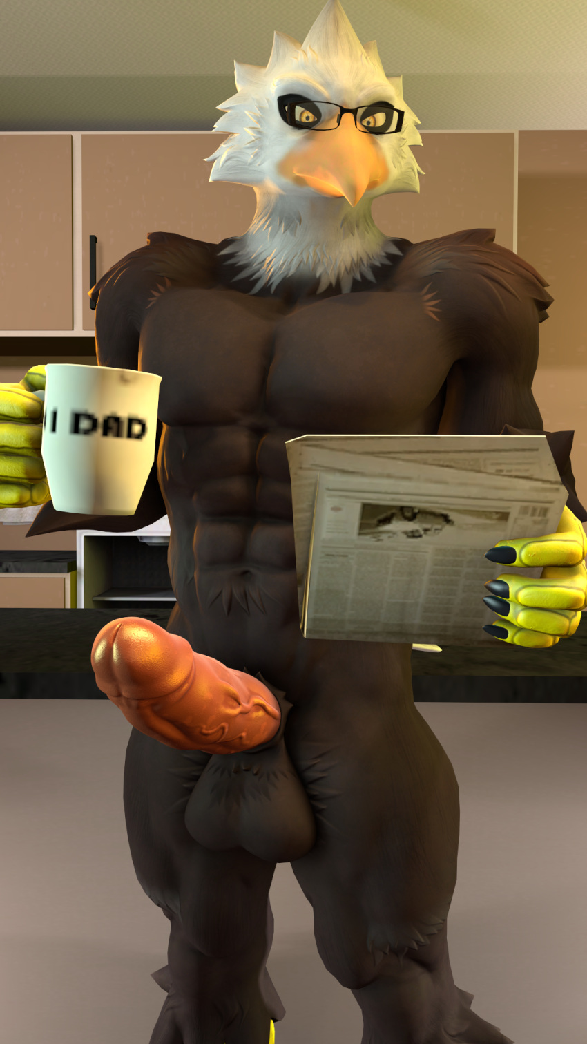 abs accipitrid accipitriform anthro avian bald_eagle balls beak big_penis bird bird_(petruz) eagle erection eyewear feathers genitals glasses hi_res holding_object inside kyleroo male mug muscular muscular_male nails navel newspaper nude penis petruz_(copyright) reading reading_newspaper sea_eagle solo talons thick_thighs vein veiny_penis yellow_eyes