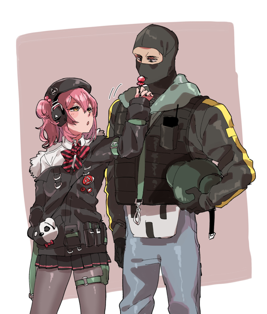 1boy 1girl beret blush candy crossover food girls'_frontline hat height_difference highres lollipop mp7_(girls'_frontline) off_shoulder pantyhose pleated_skirt rainbow_six_siege red_hair sanso_(kasyawamoti) side_ponytail skirt