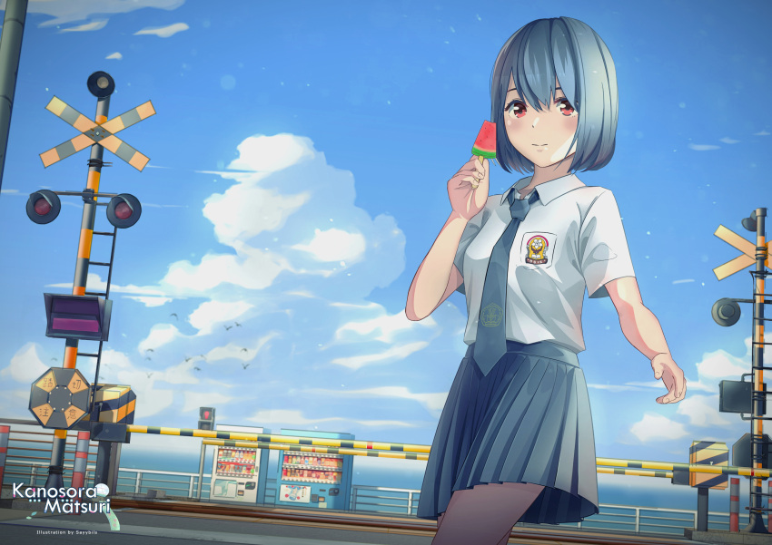 1girl absurdres bangs blue_hair blue_necktie blue_sky blush boom_barrier closed_mouth collared_shirt commentary commission day food grey_skirt highres holding holding_food indonesian_high_school_uniform looking_at_viewer necktie ocean original outdoors popsicle railing railroad_crossing red_eyes sayybils school_uniform shirt short_hair short_sleeves skirt sky smile solo summer vending_machine watermelon_bar white_shirt