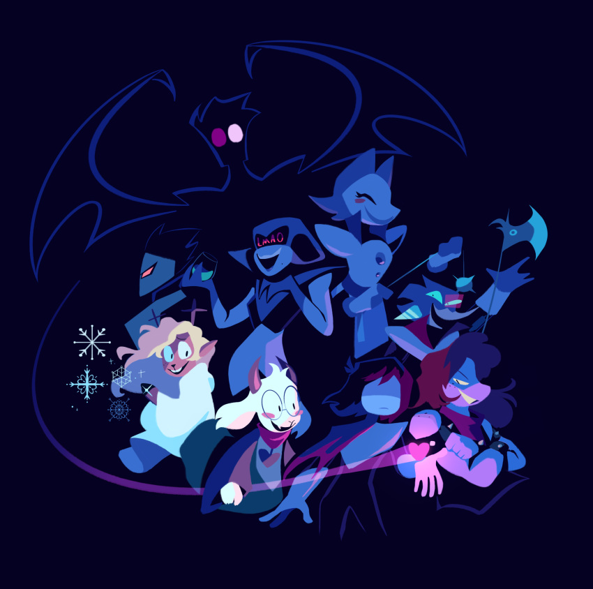 1other 3boys 3girls :d armlet axe ball_and_chain_(weapon) berdly_(deltarune) black_background black_hair blonde_hair blush bracelet crossed_arms cup deltarune drinking_glass english_commentary furry heart highres horns jewelry kris_(deltarune) laughing medium_hair multiple_boys multiple_girls noelle_holiday queen_(deltarune) ralsei sea-beam smile snowflakes spamton_neo spiked_armlet spiked_ball_and_chain spiked_bracelet spikes susie_(deltarune) swatchling_(deltarune) tasque_(deltarune) wine_glass