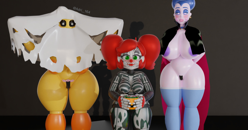 &lt;3 &lt;3_eyes absurd_res adri164 areola areola_slip ballora_(fnafsl) black_body breasts circus_baby_(fnaf) clothed clothing exposed_breasts female five_nights_at_freddy's five_nights_at_freddy's_2 hi_res looking_at_viewer makeup orange_areola partially_clothed purple_areola restraints scottgames sister_location stocks tape toy_chica_(fnaf) video_games white_body womb_tattoo yellow_body