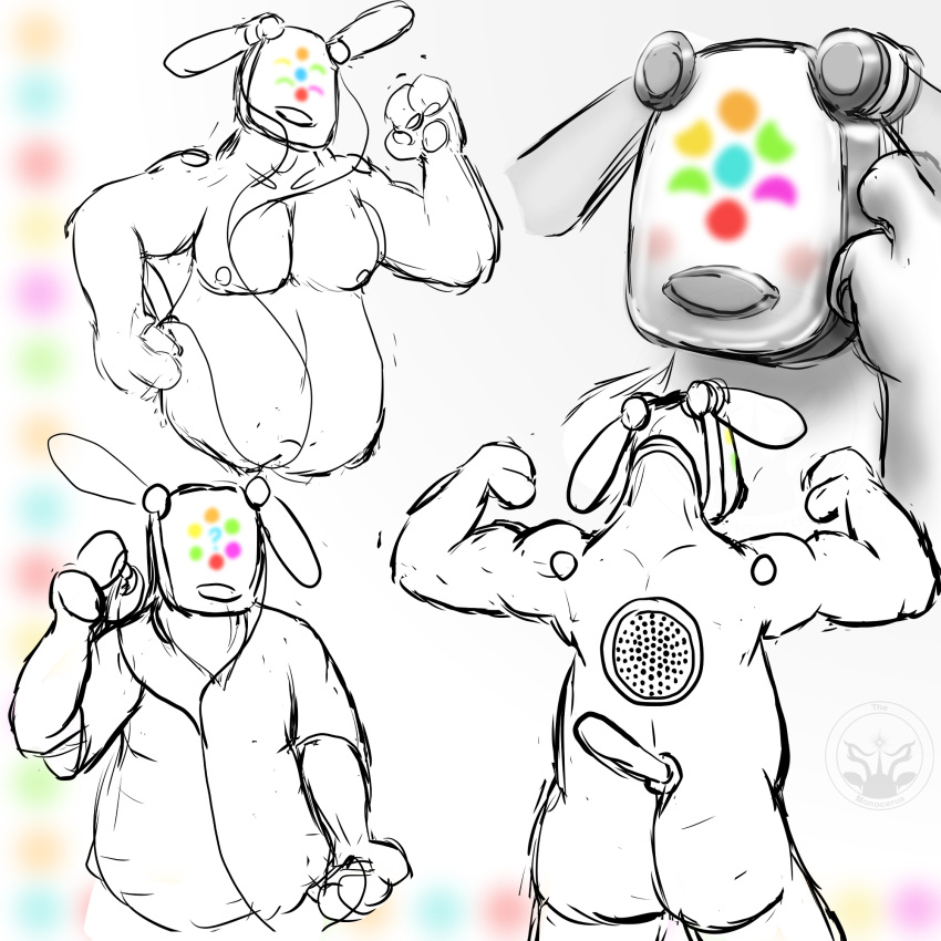 3_fingers anthro belly big_belly blush canid canine canis clothed clothing dancing domestic_dog earbuds fingers flexing headphones hi_res i-dog i-dog_(monocerus) i-pod machine male mammal metallic monocerus musclegut pawpads rear_view robot screen screen_face shirt simple_background sketch solo speaker topwear white_body