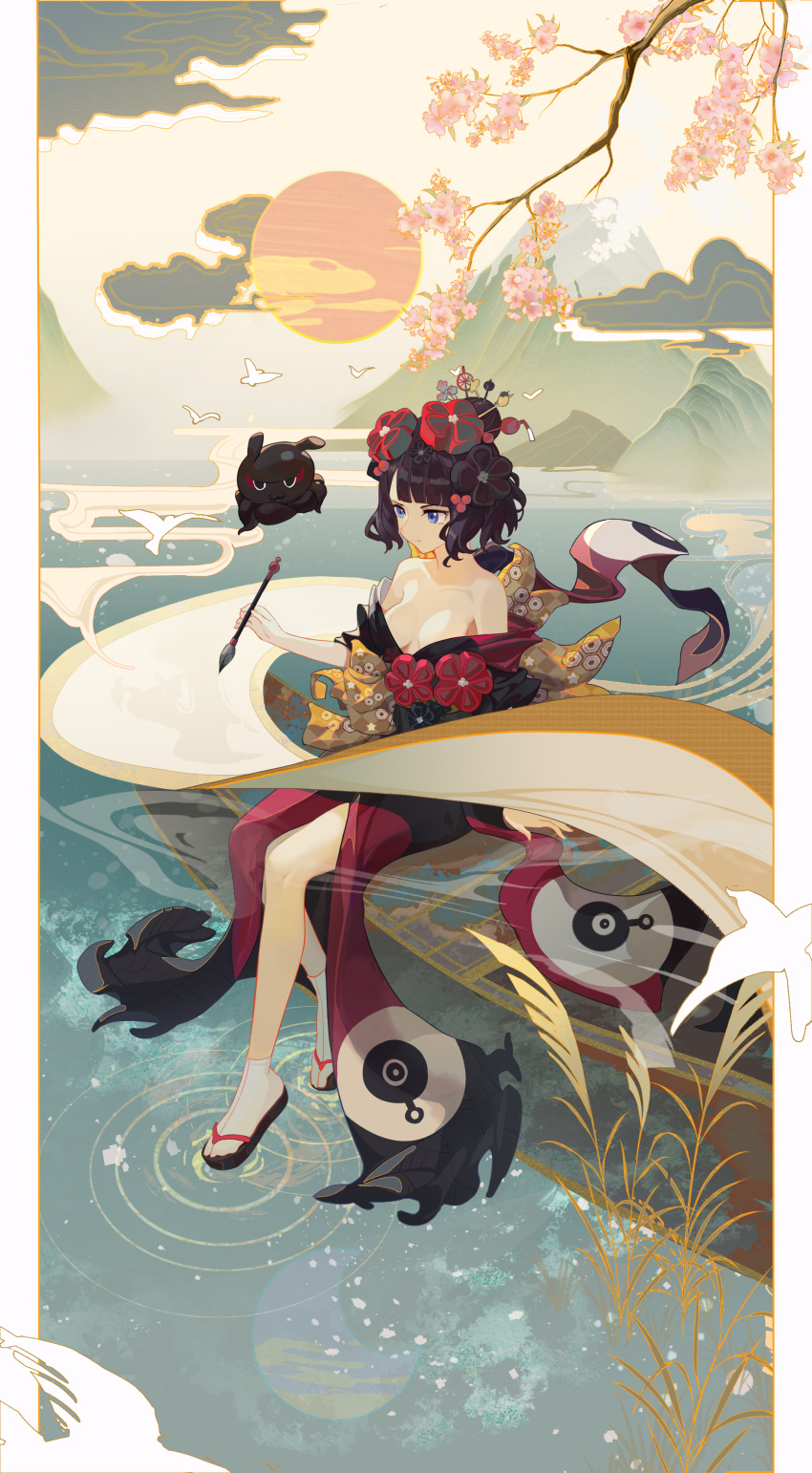 1girl absurdres bangs bare_shoulders bird black_hair black_kimono blue_eyes blunt_bangs boat branch breasts calligraphy_brush cherry_blossoms cleavage closed_mouth collarbone creature day fate/grand_order fate_(series) flower full_body geta hair_flower hair_ornament highres holding holding_brush japanese_clothes katsushika_hokusai_(fate) kimono kimono_pull lake medium_breasts mountain obi octopus outdoors paintbrush photoshop_(medium) red_flower sash short_hair simple_background sitting socks solo sun tabi tokitarou_(fate) v-shaped_eyebrows water watercraft white_socks xiaoshan_jiang