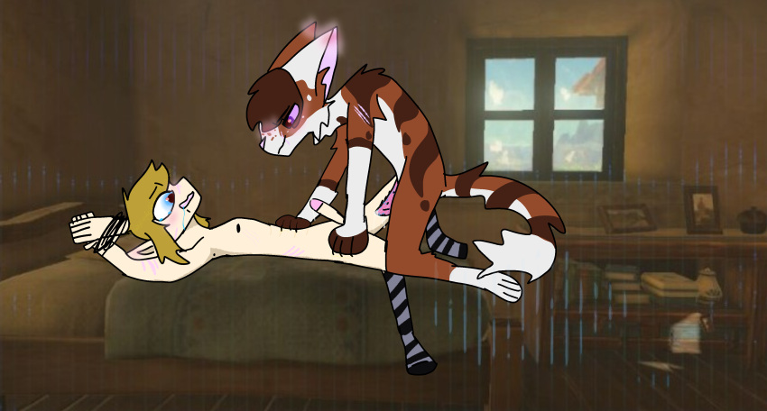 absurd_res anatomically_correct anatomically_correct_genitalia anatomically_correct_penis animal_humanoid anthro bdsm bed blonde_hair blue_eyes blush bodily_fluids bondage bound breath_of_the_wild brown_body brown_fur cat_humanoid chucklenuts1234 claws_out clothing domestic_cat drooling ear_blush fan_character felid felid_humanoid feline feline_humanoid felis footwear freckles fur furniture genital_fluids genitals hair hands_and_feet_are_so_hard_wtf hi_res human human_on_anthro humanoid hylian imminent_sex interspecies knee_highs legwear light_bondage link male male/male mammal mammal_humanoid nervous_eyebrows nervous_smile nintendo nipples no_eye_contact nude penile_spines penis photo_background precum purple_eyes really_shitty_human_anatomy restraints rope rope_bondage saliva saliva_on_penis scar socks tabby_cat the_legend_of_zelda video_games