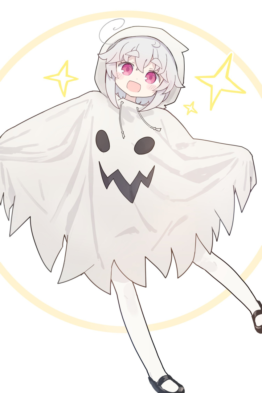 1girl :d full_body ghost_costume hair_flaps halloween_costume highres kibisake looking_at_viewer open_mouth original red_eyes short_eyebrows short_hair simple_background smile solo star_(symbol) torii_koyomi white_background white_hair