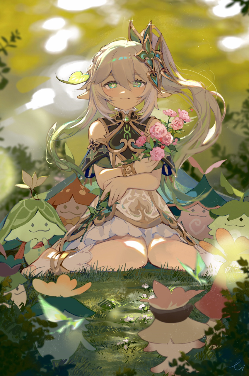 1girl 6+others aranara_(genshin_impact) bangs bare_shoulders blurry blurry_background blurry_foreground bracelet bush cape chinese_commentary closed_mouth commentary_request cross-shaped_pupils crossed_arms dappled_sunlight dress floating_hair flower genshin_impact gradient_hair grass green_cape green_eyes green_hair hair_between_eyes hair_ornament highres holding holding_flower jewelry lizi_(st3648) long_hair looking_at_viewer multicolored_hair multiple_others nahida_(genshin_impact) off-shoulder_dress off_shoulder on_grass outdoors pink_flower pink_rose pointy_ears rose short_sleeves sitting smile stirrup_footwear sunlight toeless_footwear tree wariza white_dress white_footwear white_hair