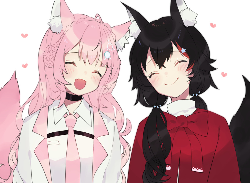 2girls ^_^ ^o^ ahoge animal_ears black_choker black_hair blush braid braided_bun choker closed_eyes closed_mouth coat collared_shirt commentary crown_braid dress_shirt fang hair_bun hair_ornament hakui_koyori happy heart hexagon_hair_ornament highres hololive ira_n labcoat long_hair multicolored_hair multiple_girls necktie official_alternate_costume ookami_mio open_clothes open_coat open_mouth pink_hair pink_necktie red_hair red_sweater shirt side-by-side simple_background skin_fang smile star_(symbol) star_hair_ornament streaked_hair sweater tail turtleneck twintails two-tone_hair upper_body virtual_youtuber white_background white_coat white_shirt wing_collar wolf_ears wolf_girl wolf_tail