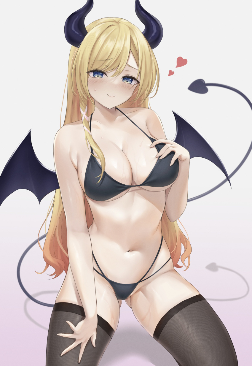 1girl absurdres ass_visible_through_thighs bikini black_bikini black_horns black_thighhighs blonde_hair blue_eyes blush breasts closed_mouth commentary_request demon_girl demon_horns demon_tail demon_wings heart highres hololive horns kneeling large_breasts long_hair navel nekorone0222 raised_eyebrows skindentation smile solo stomach sweat swimsuit tail thighhighs thighs very_long_hair virtual_youtuber wet wings yuzuki_choco