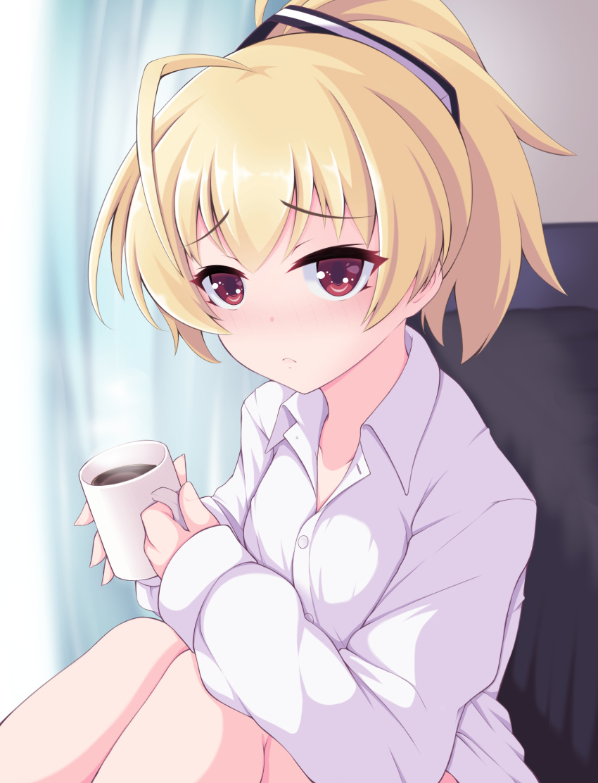 1girl absurdres ahoge andou_tazusa assault_lily bangs black_ribbon blonde_hair blurry blurry_background blush breasts closed_mouth coffee collarbone collared_shirt commentary_request cup curtains dress_shirt fingernails hands_up highres holding holding_cup indoors knees_up kuroha_koudai long_sleeves looking_at_viewer mug no_pants nose_blush ponytail raised_eyebrows red_eyes ribbon shirt short_hair sitting sleeves_past_wrists small_breasts solo steam two-tone_ribbon upper_body white_ribbon white_shirt