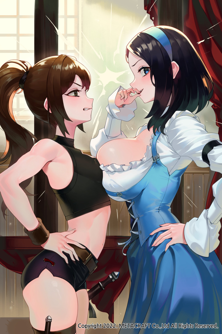 2girls absurdres angry asymmetrical_docking bangs black_hair black_shorts black_tank_top blue_dress blue_eyes breast_envy breast_press breasts brown_hair character_request commentary copyright copyright_request dress from_side gemi_ningen grey_eyes hand_on_own_stomach highres huge_breasts indoors long_hair looking_at_another looking_to_the_side medium_hair multiple_girls navel ponytail short_shorts shorts sideboob small_breasts smug sword symbol-only_commentary tank_top weapon