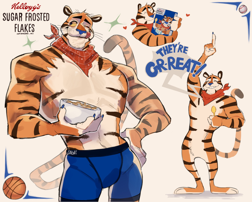 absurd_res anthro ball barazoku baseball_(ball) basketball_(ball) blue_briefs blue_claws blue_clothing blue_nose blue_underwear briefs cereal_box cereal_mascot claws clothing felid frosted_flakes hexedcoin hi_res kellogg's lick_lips male mammal mascot pantherine scarf solo tiger tony_the_tiger underwear