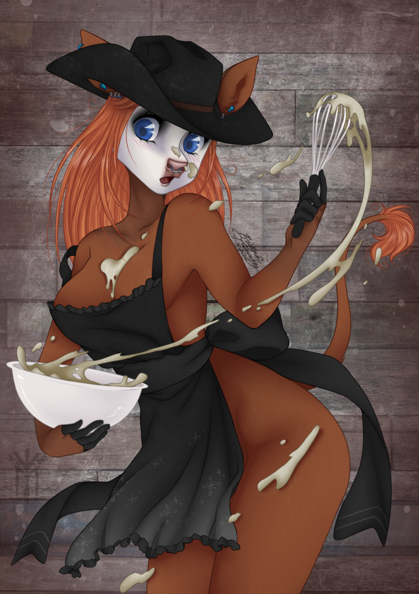 anthro apron bake baking base batter bovid bovine cattle chef clothing cook cookie cooking desireeu female food goth heifer_(disambiguation) hi_res hooves kitchen_utensils mammal messy moo solo thehuntingwolf tools whisk