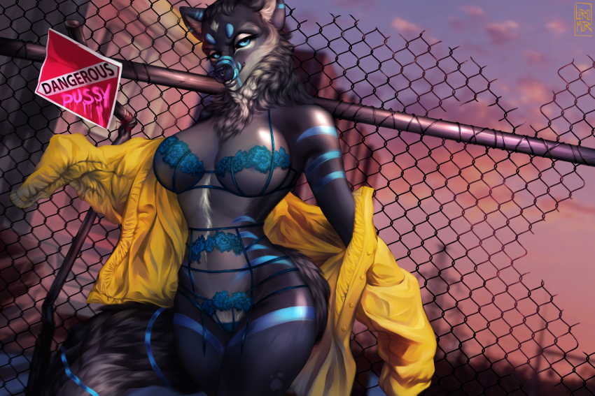 2021 absurd_res anthro big_breasts black_body black_fur black_hair black_nose blue_eyes bra breasts canid canine canis chain-link_fence chest_tuft clothing detailed_background eyelashes female fence fur fur_markings hair half-closed_eyes hi_res jacket legs_together leromor licking licking_lips lingerie looking_at_viewer mammal markings narrowed_eyes panties short_hair sign smile solo standing tongue tongue_out topwear tuft underwear wolf