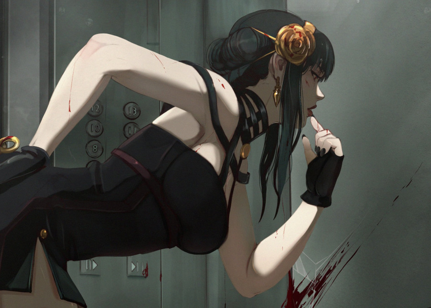 1girl bare_shoulders black_dress black_gloves black_hair black_nails blood blood_on_face breasts dress earrings elevator fingerless_gloves gloves hair_ornament highres holding holding_weapon ifragmentix jewelry large_breasts long_hair looking_at_mirror mirror sleeveless spy_x_family weapon yor_briar