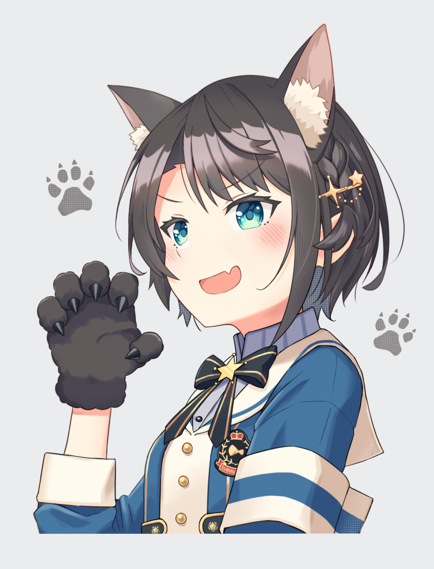 1girl :d animal_ear_fluff animal_hands apple_(zdj0266) aqua_eyes armband bangs black_bow black_bowtie blue_jacket blush bow bowtie braid brown_hair commentary cropped_shirt fang french_braid gloves grey_shirt hair_ornament hairclip high_collar highres hololive jacket kemonomimi_mode long_sleeves looking_at_viewer oozora_subaru paw_gloves paw_pose pinstripe_pattern pinstripe_shirt shirt short_hair skin_fang sleeveless sleeveless_shirt smile solo star_(symbol) striped striped_shirt swept_bangs upper_body vertical-striped_shirt vertical_stripes virtual_youtuber