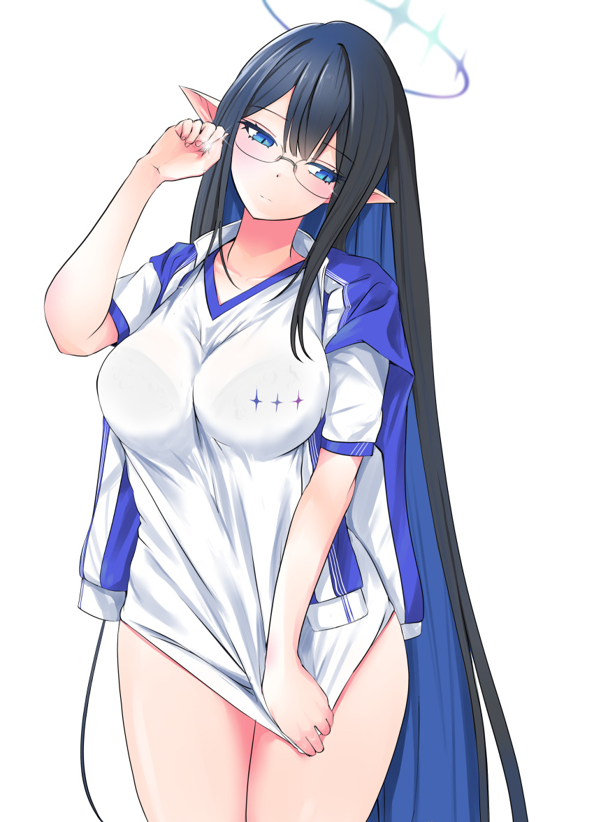 1girl absurdres black_hair blue_archive blue_eyes blush bra bra_visible_through_clothes breasts collarbone cowboy_shot elf glasses gym_uniform highres large_breasts long_hair looking_at_viewer p.i.t.d pointy_ears rin_(blue_archive) see-through shirt shirt_tug short_sleeves simple_background solo thighs underwear very_long_hair white_background white_shirt