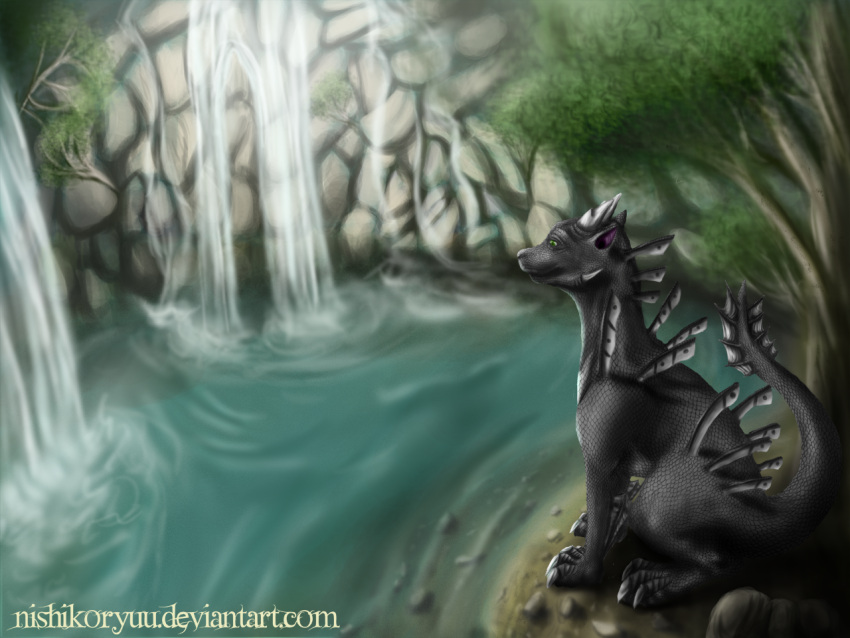 4:3 ambiguous_gender black_body black_scales dragon feral full-length_portrait glistening glistening_eyes green_eyes grey_horn horn kiva~ mouth_closed outside plant pond portrait quadruped rock scales side_view sitting solo text tree url water waterfall