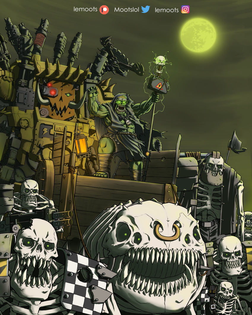 absurdres colored_skin fangs glowing glowing_eyes green_eyes green_moon green_skin gun highres holding holding_gun holding_staff holding_weapon moon mootslol no_humans nose_piercing nose_ring ork_shoota orkz piercing razor sharp_teeth skeleton skull staff teeth tusks waaagh! warhammer_40k weapon