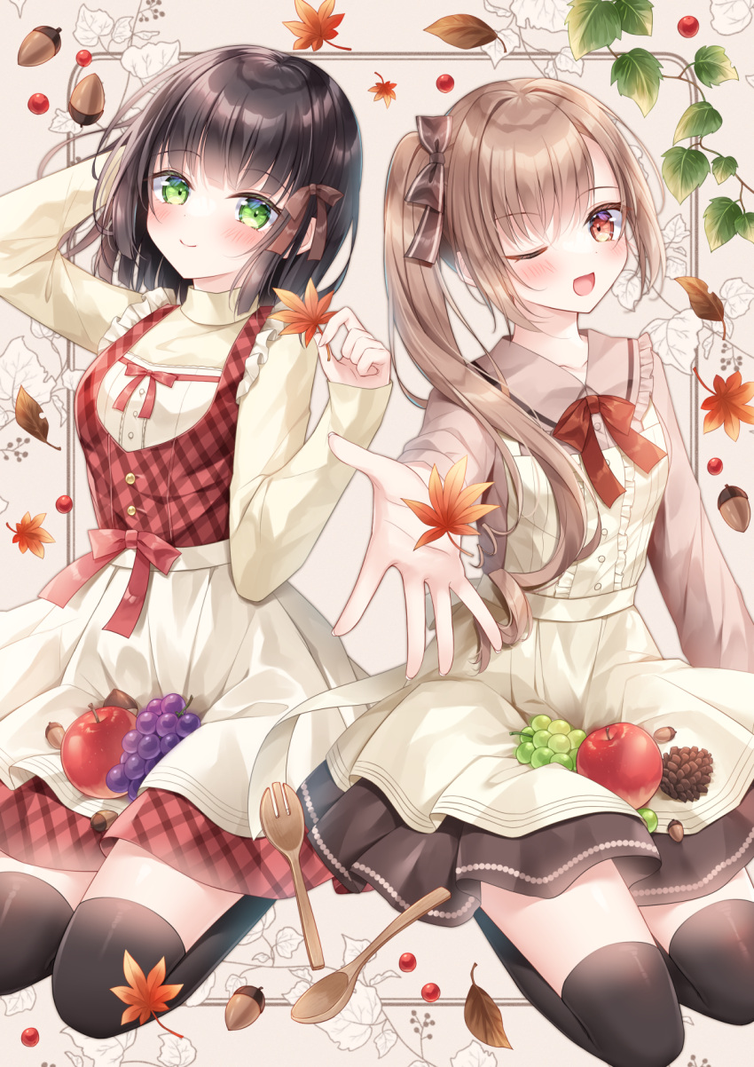 2girls acorn apron arm_behind_head arm_up autumn_leaves black_hair black_skirt black_thighhighs bow brown_bow brown_hair brown_shirt center_frills collared_shirt commentary_request dress fork frilled_shirt_collar frills green_eyes grey_background hair_bow hand_up highres holding holding_leaf kohinata_hoshimi leaf long_hair long_sleeves looking_at_viewer maple_leaf multiple_girls original plaid plaid_dress pleated_skirt red_dress red_eyes seiza shirt side_ponytail sitting skirt sleeveless sleeveless_dress thighhighs waist_apron white_apron white_shirt wooden_fork wooden_spoon
