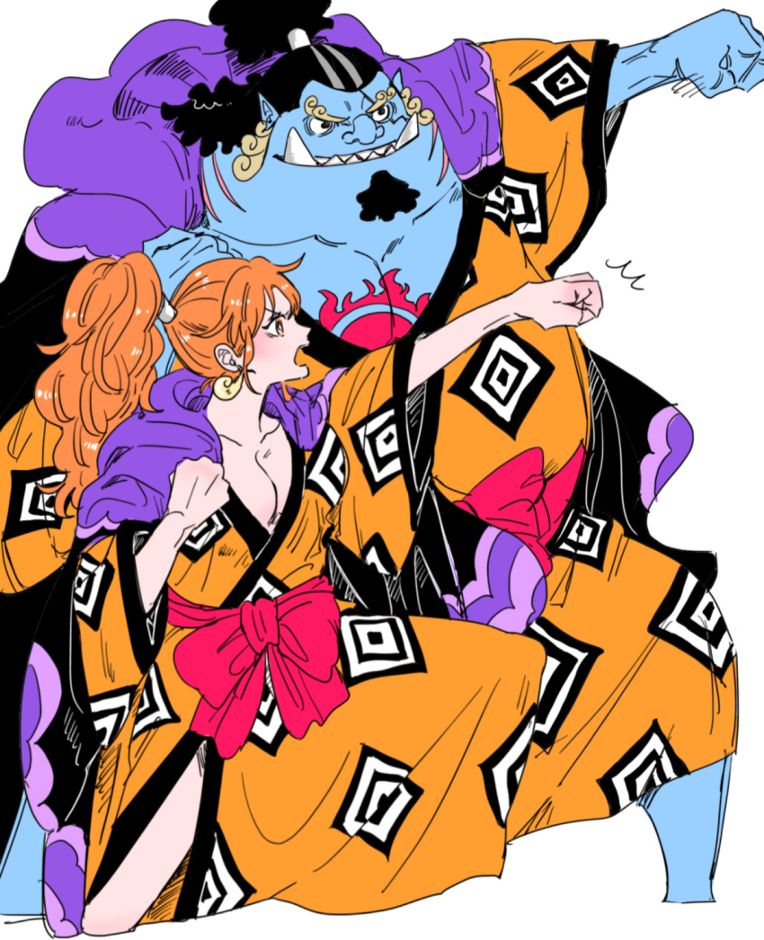 1boy 1girl black_eyes black_hair blue_skin bow clenched_hands coat coat_on_shoulders colored_skin cosplay facial_hair fangs fangs_out grin highres japanese_clothes jinbe_(one_piece) jinbe_(one_piece)_(cosplay) kimono long_hair mike_(tomatomato244) nami_(one_piece) one_piece orange_eyes orange_hair orange_kimono ponytail smile training white_background wide_sleeves