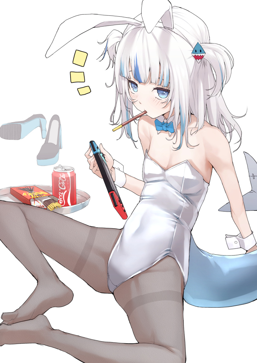 1girl animal_ears bangs blue_bow blue_bowtie blue_eyes blue_hair blunt_bangs blush bow bowtie coca-cola detached_collar fake_animal_ears fish_tail food food_in_mouth gawr_gura highres hololive hololive_english knees_apart_feet_together leotard long_hair looking_at_viewer mitsuru_(pixiv_34028718) mouth_hold multicolored_hair nintendo_switch no_shoes notice_lines pantyhose pocky rabbit_ears shark_tail shoes shoes_removed simple_background sitting solo strapless strapless_leotard streaked_hair tail two_side_up virtual_youtuber white_background white_hair white_leotard wrist_cuffs