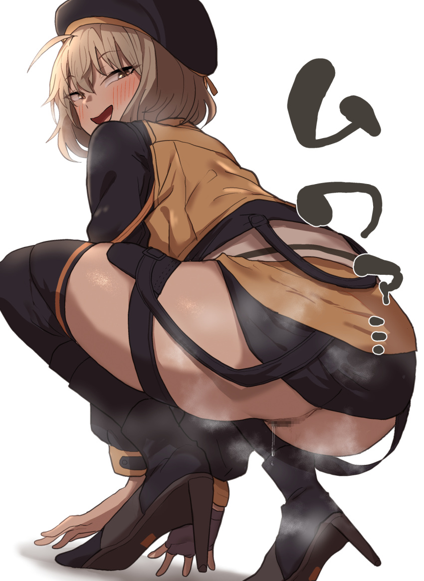 1girl :d anis_(nikke) ass back belt black_thighhighs blonde_hair blush censored goddess_of_victory:_nikke high_heels highres mosaic_censoring pussy pussy_juice shorts skirt smile solo squatting takeura thighhighs tiptoes yellow_eyes