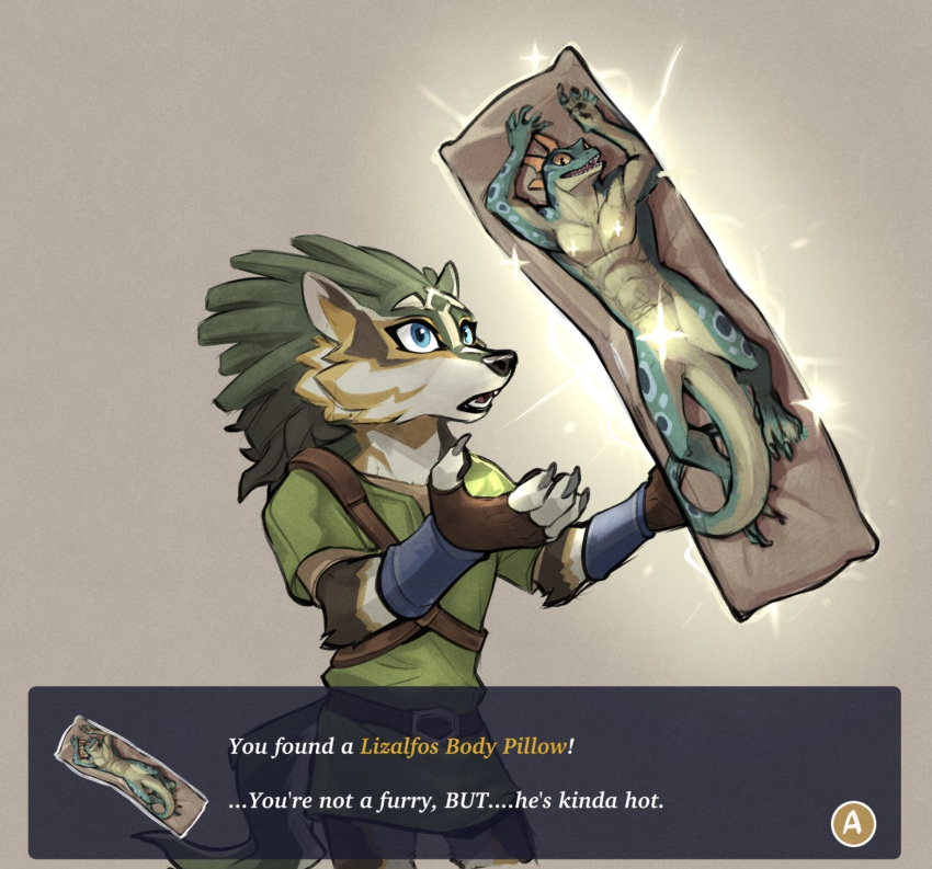 anthro blue_eyes body_pillow canid canine canis claws clothed clothing countershade_face countershade_fur countershading dakimakura_design dakimakura_pillow elranno english_text fur green_body green_clothing green_fur hi_res humor link_(wolf_form) male mammal nintendo open_mouth pillow solo text the_legend_of_zelda video_games wolf