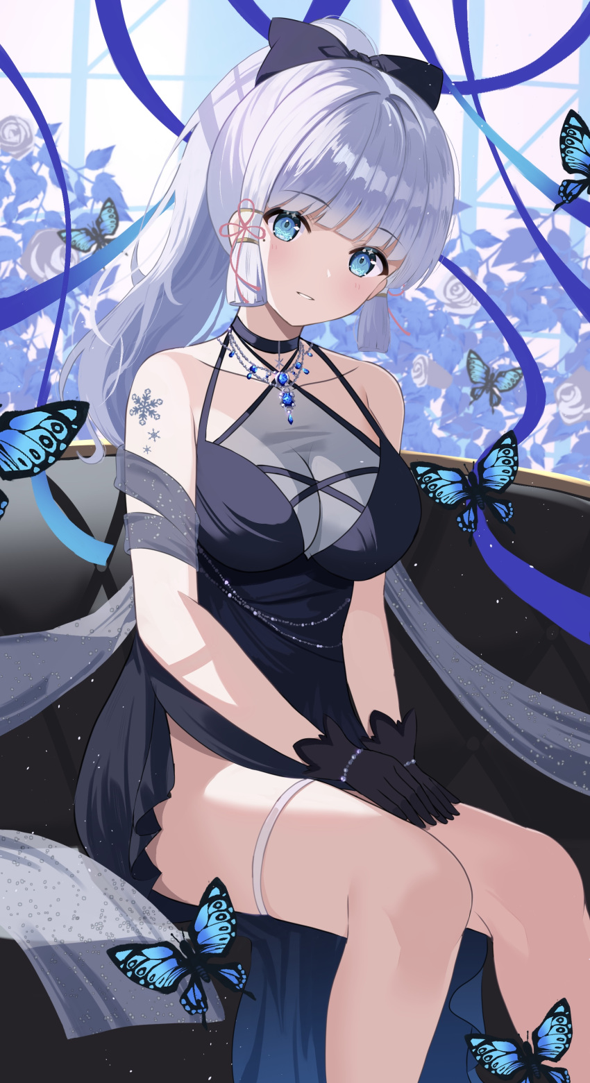 1girl absurdres alternate_costume arm_tattoo bare_legs bare_shoulders black_bow black_choker black_dress black_gloves blue_butterfly blue_eyes blue_gemstone blue_ribbon blunt_tresses blush bow breasts bug butterfly choker commentary_request criss-cross_halter dress feet_out_of_frame flower_knot gem genshin_impact gloves hair_bow hair_ribbon halter_dress halterneck hands_on_own_thighs highres jewelry kamisato_ayaka large_breasts looking_at_viewer parted_lips pendant ponytail rererere_mon ribbon side_slit silver_chain sitting smile solo tattoo thigh_strap thighs tress_ribbon white_hair
