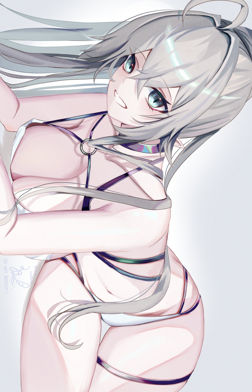 1girl absurdres ahoge alt_text bangs bare_shoulders bikini black_choker borrowed_character breast_rest breasts choker cleavage collarbone commentary crossed_bangs exif_rotation grey_hair highres huge_ahoge korean_commentary large_breasts looking_at_viewer o-ring o-ring_bikini original pointy_ears ren_(rentaro) silvi_(chyan) simple_background slit_pupils smile solo strap_gap swimsuit thigh_strap twitter_username white_bikini