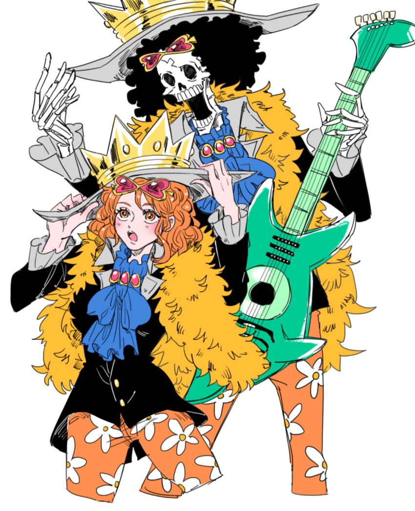 1girl afro ascot black_hair brook_(one_piece) brook_(one_piece)_(cosplay) cosplay crown crown_hat curly_hair eyewear_on_head floral_print frilled_sleeves frills fur_scarf guitar hands_on_headwear hands_up highres holding holding_instrument instrument long_sleeves mike_(tomatomato244) nami_(one_piece) one_piece open_mouth orange_eyes orange_hair pink-tinted_eyewear skeleton tinted_eyewear white_background