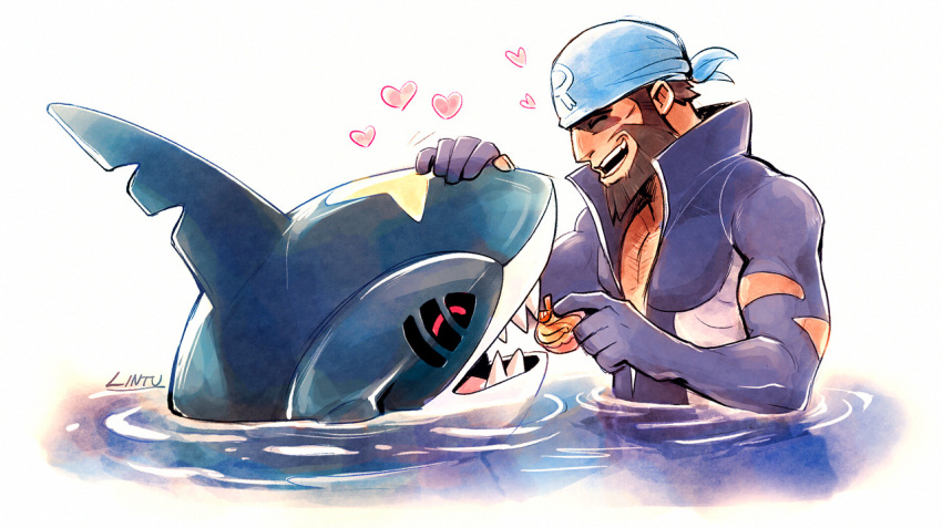 1boy :d archie_(pokemon) bandana beard blue_bandana blue_bodysuit bodysuit brown_hair chest_hair closed_eyes commentary facial_hair heart lintufriikki logo male_focus open_mouth pokemon pokemon_(creature) pokemon_(game) pokemon_oras ripples sharpedo short_hair signature smile team_aqua teeth torn_bodysuit torn_clothes water wetsuit