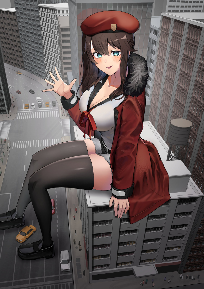 1girl absurdres beret black_thighhighs breasts building car city cleavage coat commission female_commander_(girls'_frontline) fur-trimmed_coat fur-trimmed_collar fur_trim giant giantess girls'_frontline griffin_&amp;_kryuger_military_uniform ground_vehicle hanabusaraleigh hat highres large_breasts long_sleeves looking_at_viewer medium_hair military_hat motor_vehicle open_mouth red_coat red_headwear second-party_source shirt sitting skindentation smile thighhighs waving white_shirt zettai_ryouiki