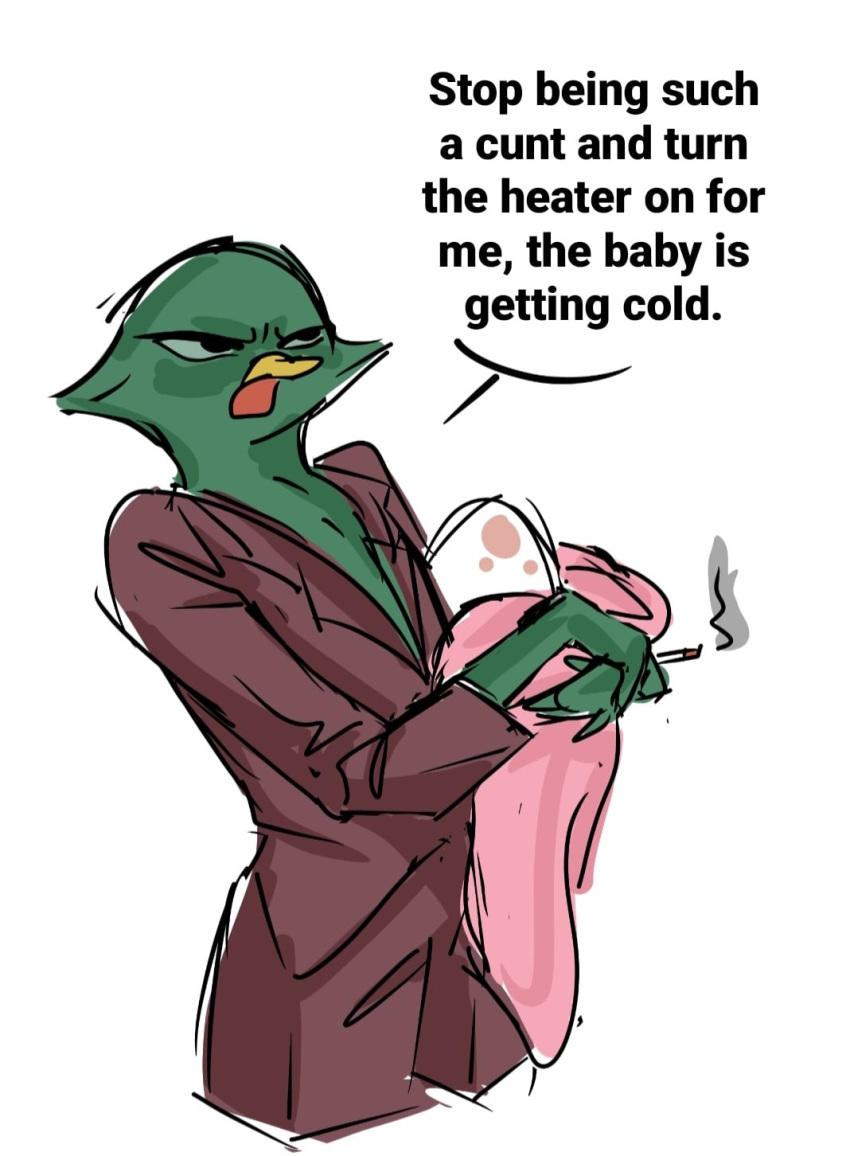 anatid angry anseriform anthro avian beak bird bottomwear cigarette clothed clothing colored_sketch dialogue don't_hug_me_i'm_scared duck duck_guy_(dhmis) egg english_text feathers fully_clothed green_body green_feathers hi_res holding_cigarette holding_egg holding_object jacket male parent parent_and_child profanity randomartist shaded shorts simple_shading sketch smoking solo speech_bubble suit_jacket talking_to_another text topwear