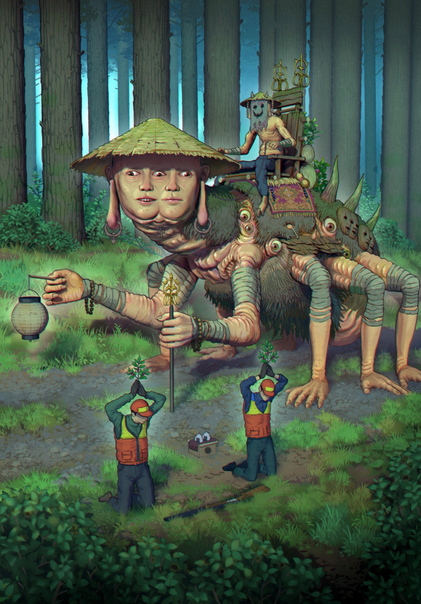 3boys arms_up bandaged_arm bandages bead_bracelet beads black_gloves blue_shirt bracelet broom bush commentary covered_face extra_arms extra_eyes extra_faces extra_mouth extra_noses food forest giant giant_monster gloves grass green_shirt hat hayapi_(sinsin08051) highres holding holding_lantern holding_plant holding_reins holding_scepter horns horror_(theme) jewelry kneeling lantern lips long_earlobes mask monster multiple_boys nature no_shirt onigiri original outdoors parted_lips plant red_headwear red_vest reins religious_offering rice_hat riding rug scepter shakujou shirt smiley_face staff straw_hat tree vest
