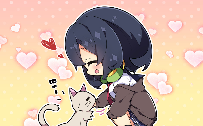 1girl :d ^_^ animal bangs black_hair black_socks blue_sailor_collar blue_skirt blush brown_background brown_cardigan cardigan cat closed_eyes commentary_request feet_out_of_frame gradient gradient_background hair_between_eyes headphones headphones_around_neck heart heart_background highres knees_up kyoumachi_seika long_sleeves milkpanda necktie off_shoulder open_cardigan open_clothes pleated_skirt polka_dot polka_dot_background profile puffy_long_sleeves puffy_sleeves red_necktie sailor_collar shirt skirt sleeves_past_wrists smile socks solo squatting voiceroid white_shirt yellow_background