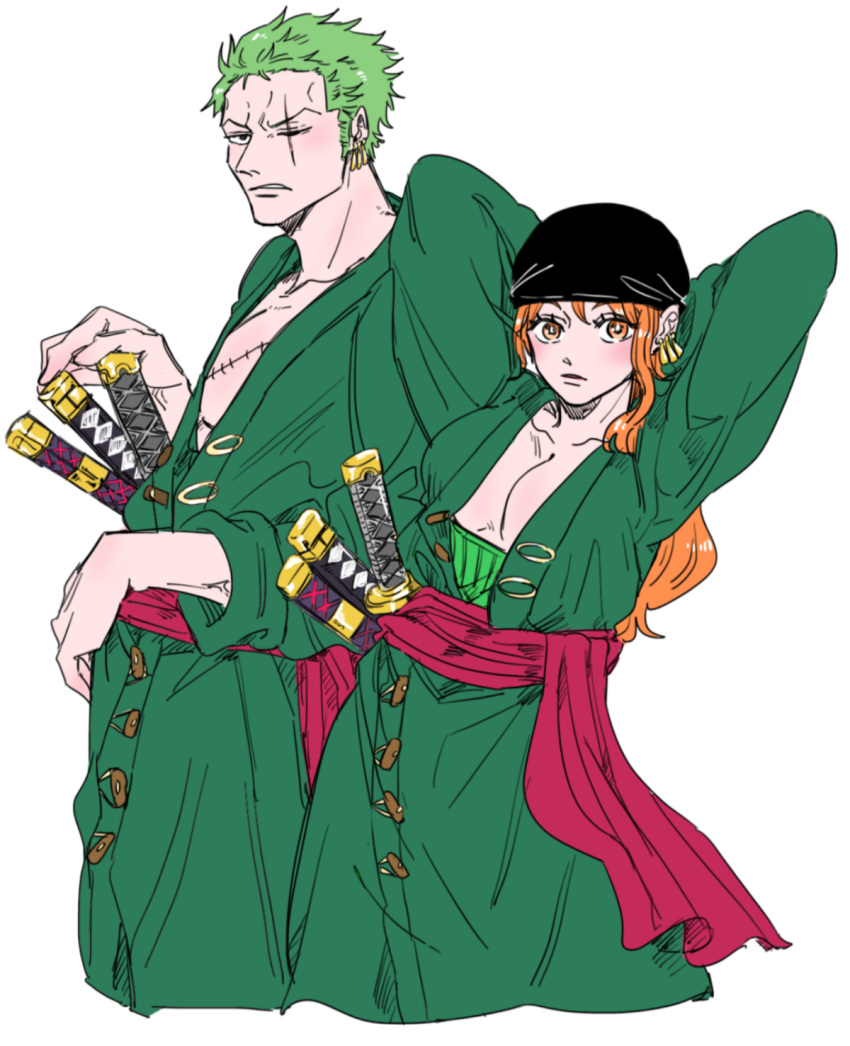 1boy 1girl arms_behind_head arms_up bandana black_bandana black_headwear breasts cleavage cosplay earrings green_hair haramaki highres japanese_clothes jewelry long_hair mike_(tomatomato244) nami_(one_piece) one_eye_closed one_piece orange_eyes orange_hair red_sash roronoa_zoro roronoa_zoro_(cosplay) sash scar scar_across_eye scar_on_chest sheath sheathed short_hair sleeves_rolled_up sword weapon