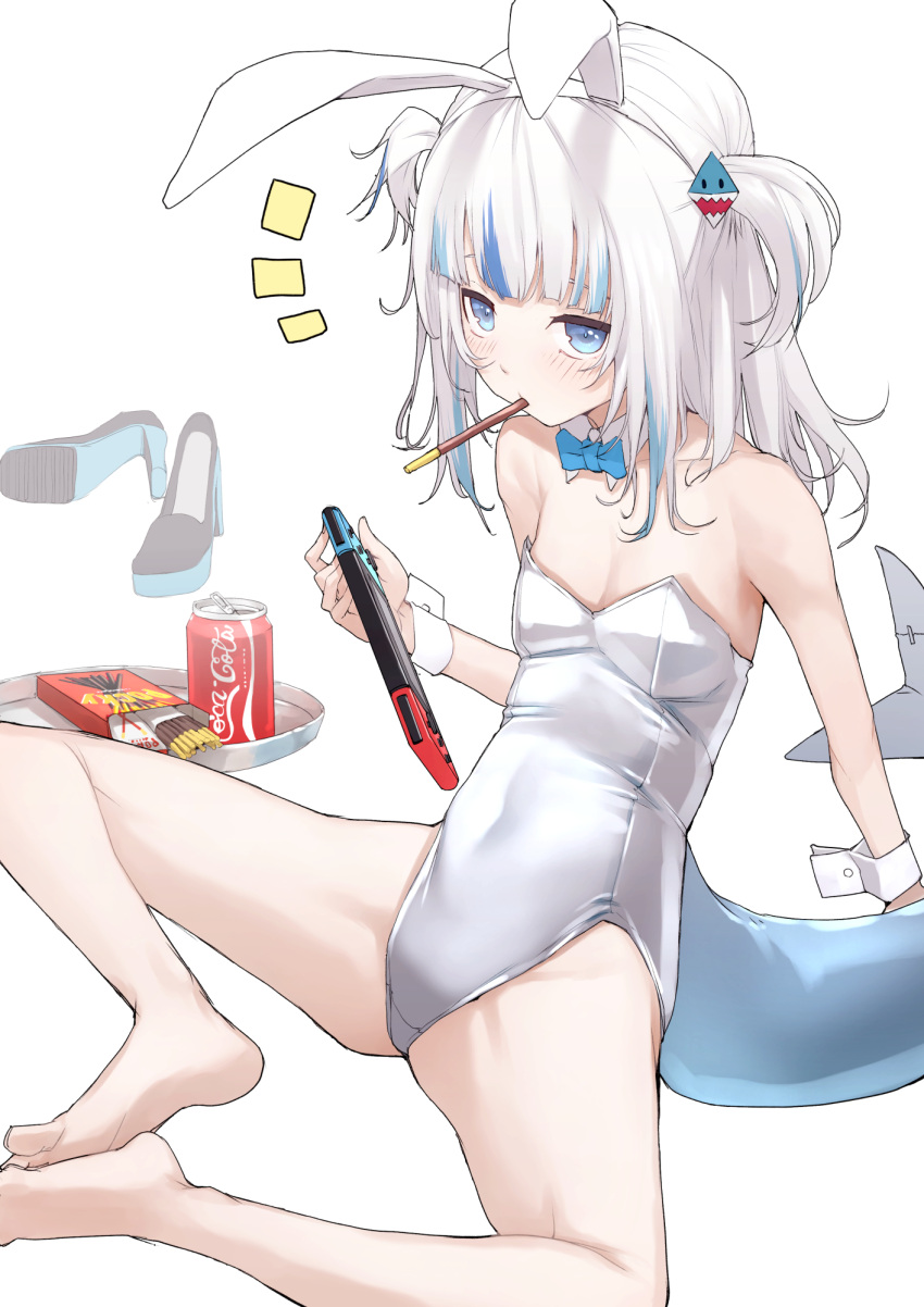 1girl animal_ears bangs bare_legs barefoot blue_bow blue_bowtie blue_eyes blue_hair blunt_bangs blush bow bowtie coca-cola detached_collar fake_animal_ears fish_tail food food_in_mouth gawr_gura highres hololive hololive_english knees_apart_feet_together leotard long_hair looking_at_viewer mitsuru_(pixiv_34028718) mouth_hold multicolored_hair nintendo_switch notice_lines pocky rabbit_ears shark_tail shoes shoes_removed simple_background sitting solo strapless strapless_leotard streaked_hair tail two_side_up virtual_youtuber white_background white_hair white_leotard wrist_cuffs