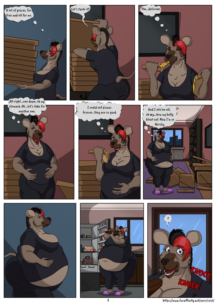 anthro belly comic delivery_(commerce) drinking eating eating_food feeding female food food_delivery hi_res hyaenid mammal organs osiol overweight overweight_anthro overweight_female pizza pizza_box pizza_delivery solo stomach weight_gain