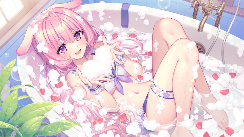 1girl animal_ears barefoot bathing bathroom bathtub bra bubble dog_ears feet foam from_above heart heart-shaped_bubbles highres kurobuta_gekkan legs looking_at_viewer lying navel original parted_lips partially_submerged petals pink_hair plant smile soap_bubbles toes underwear virtual_youtuber water window wrist_cuffs